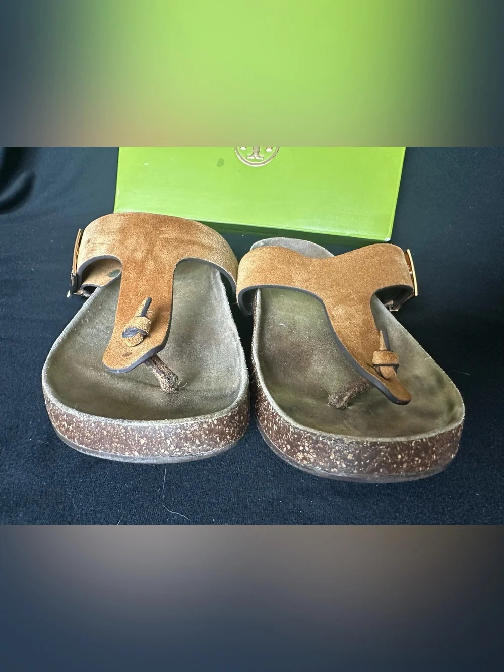 Tory Burch Mellow Thing Suede Cork Toe-Post Sandals Logo Plaque Cognac Tan 8.5